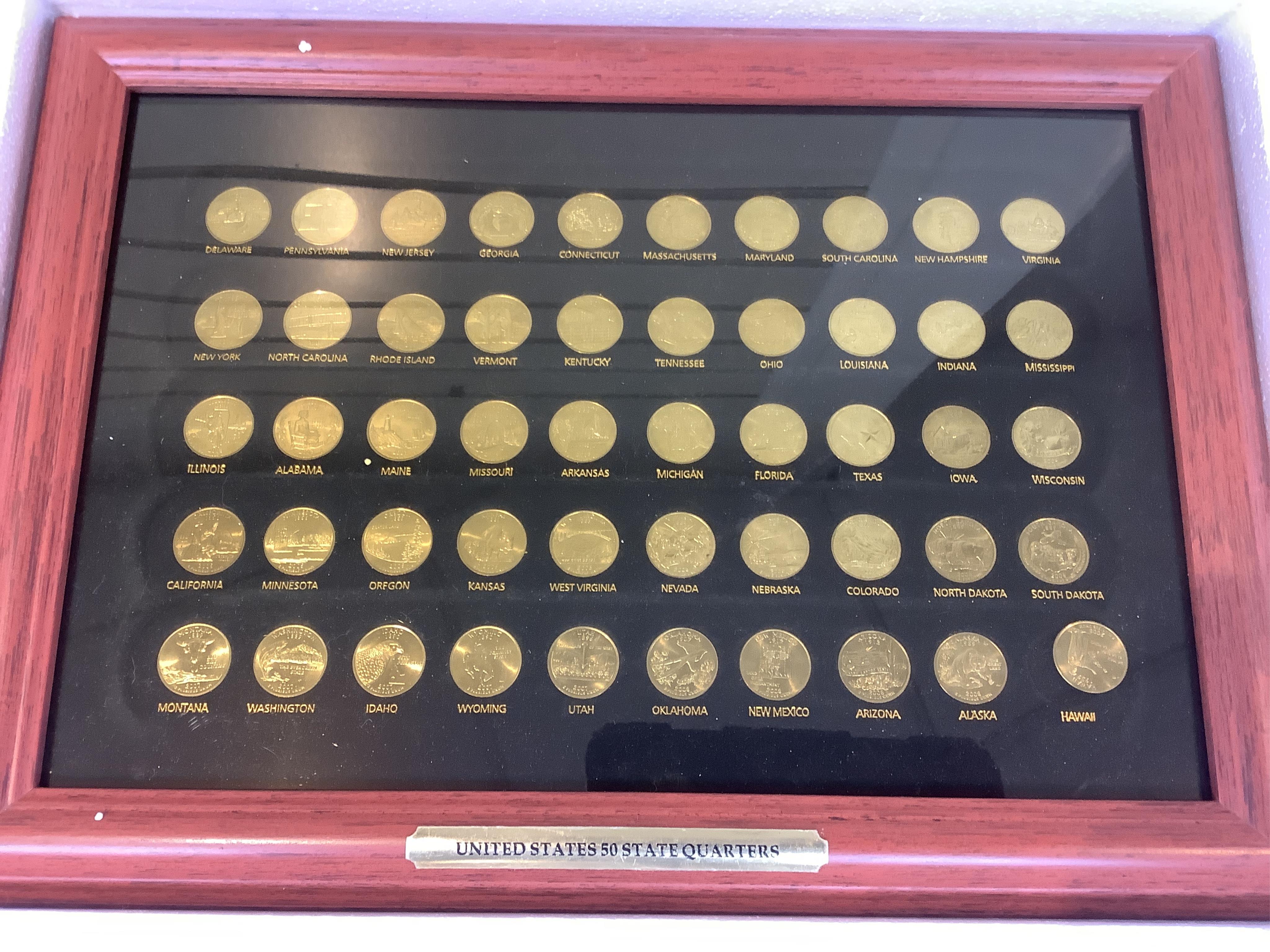 USA coins, two presentation 50 state quarters sets, in faux wood frames, 1999-2008, boxed